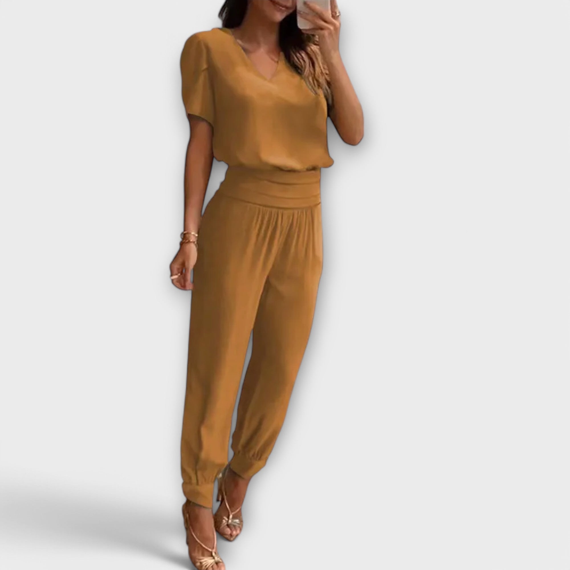 Conjunto elegante camisola e calças feminino
