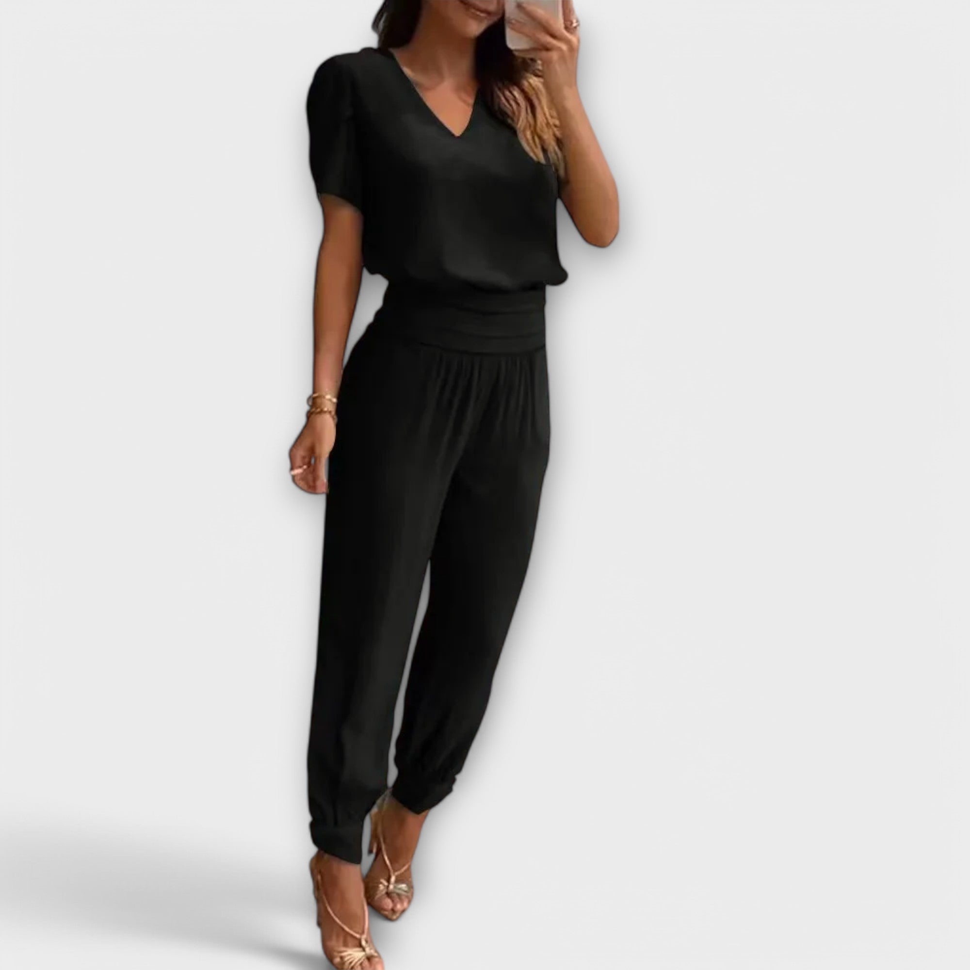 Conjunto elegante camisola e calças feminino