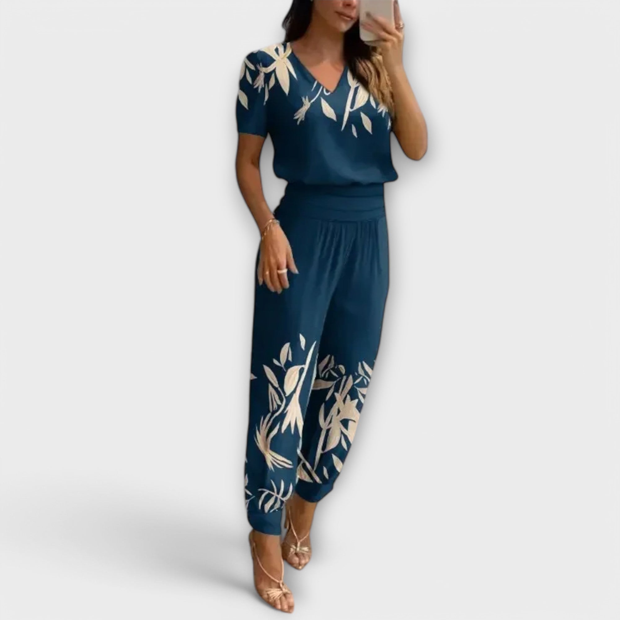 Conjunto elegante camisola e calças feminino