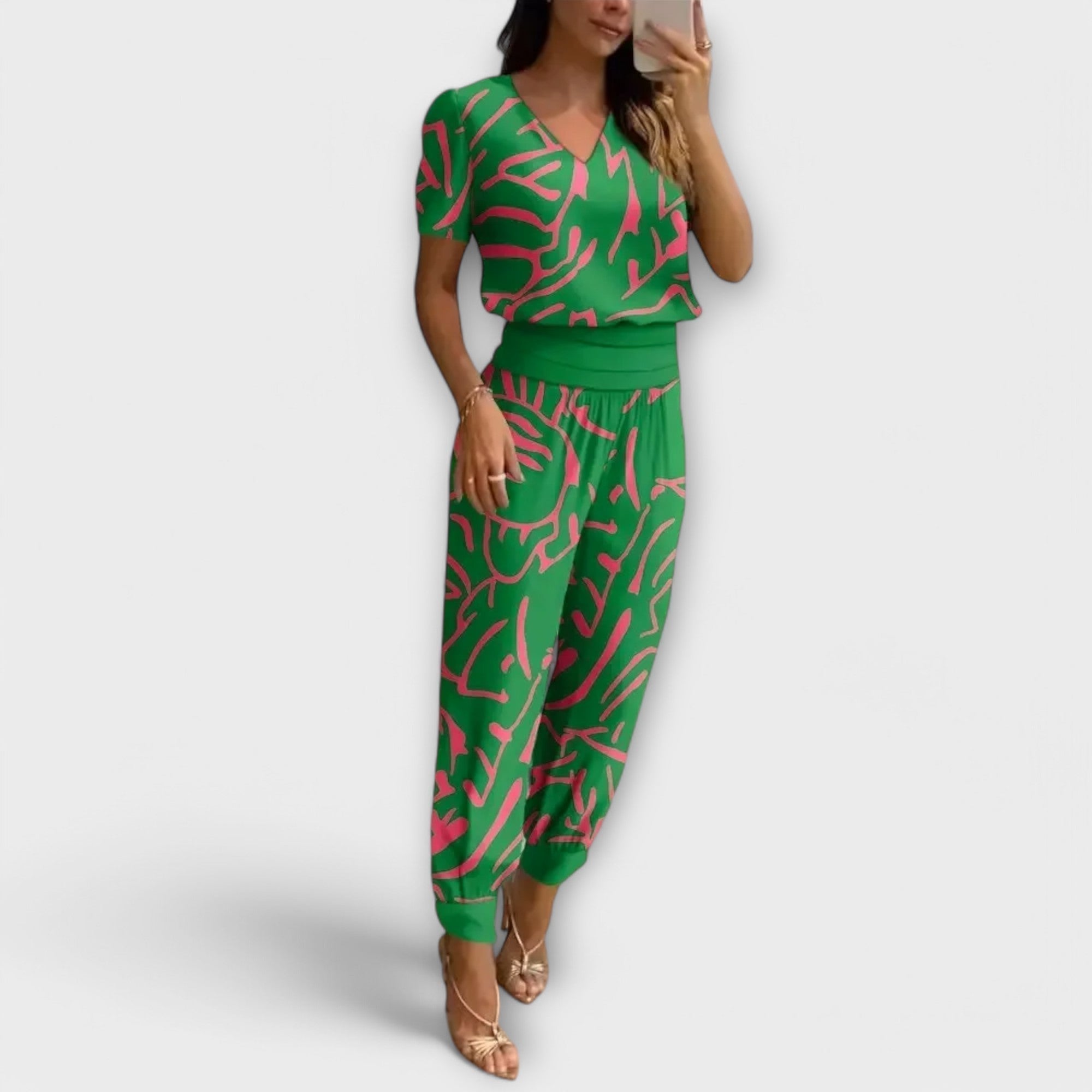 Conjunto elegante camisola e calças feminino