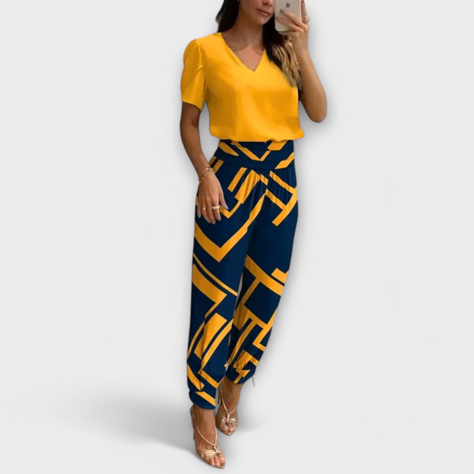 Conjunto elegante camisola e calças feminino