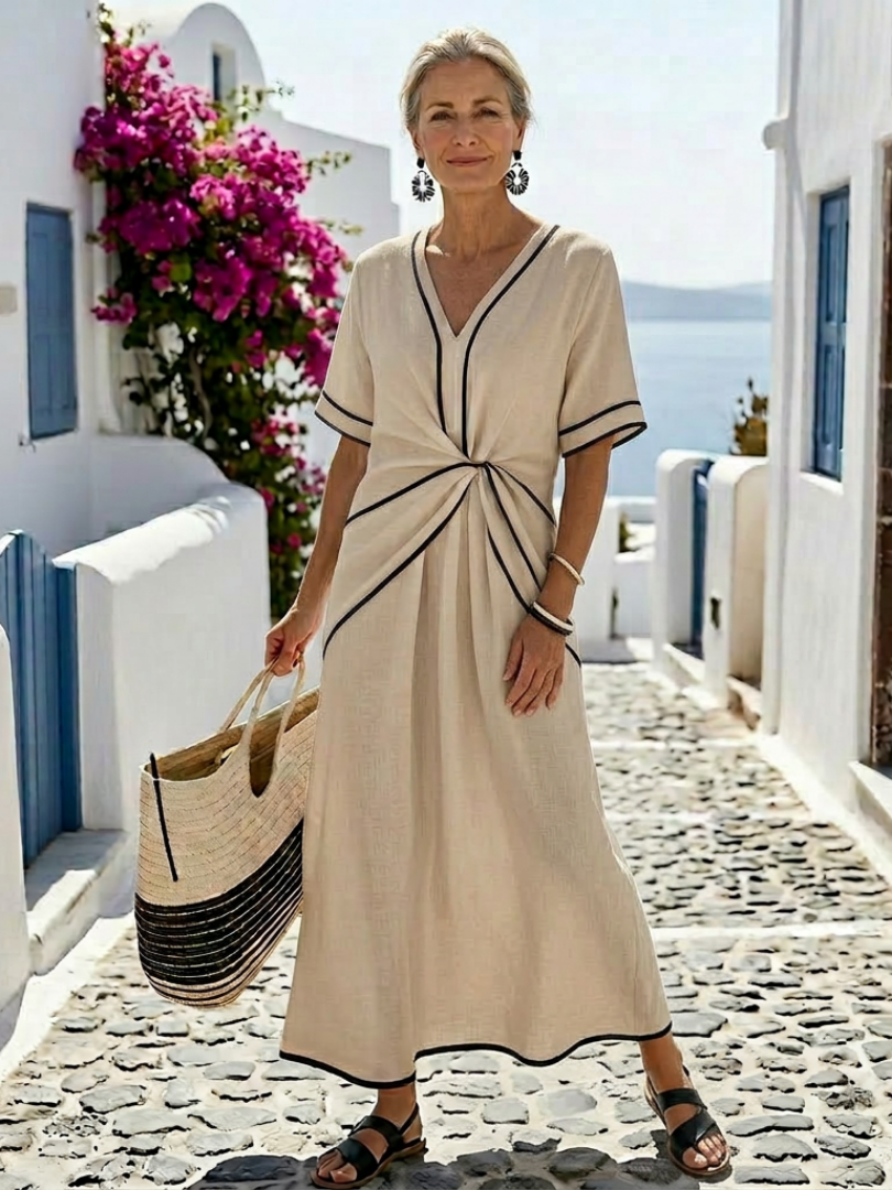 Linnea | Vestido Midi de Manga Curta com Decote em V e Cintura Fruncida