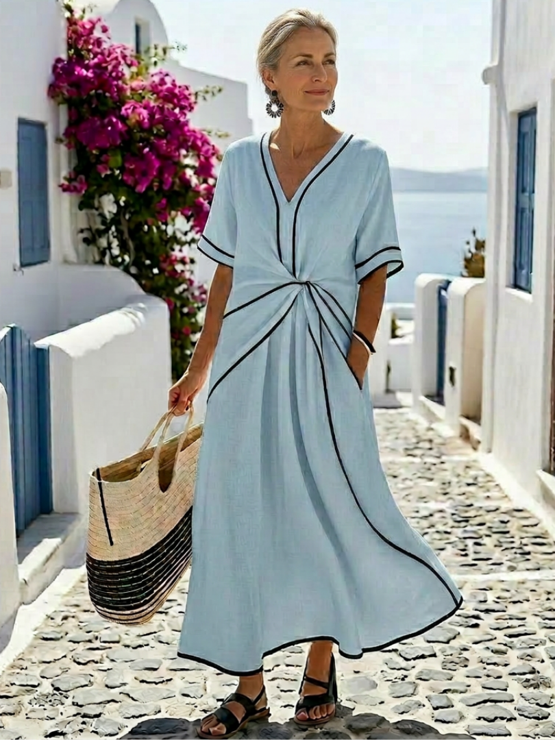 Linnea | Vestido Midi de Manga Curta com Decote em V e Cintura Fruncida