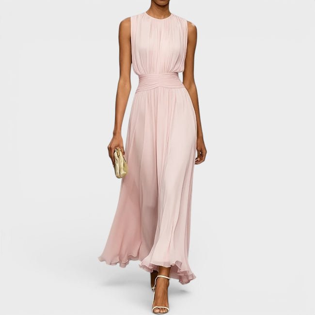 Vestido Maelle em chiffon com cintura drapeada e elegância fluida
