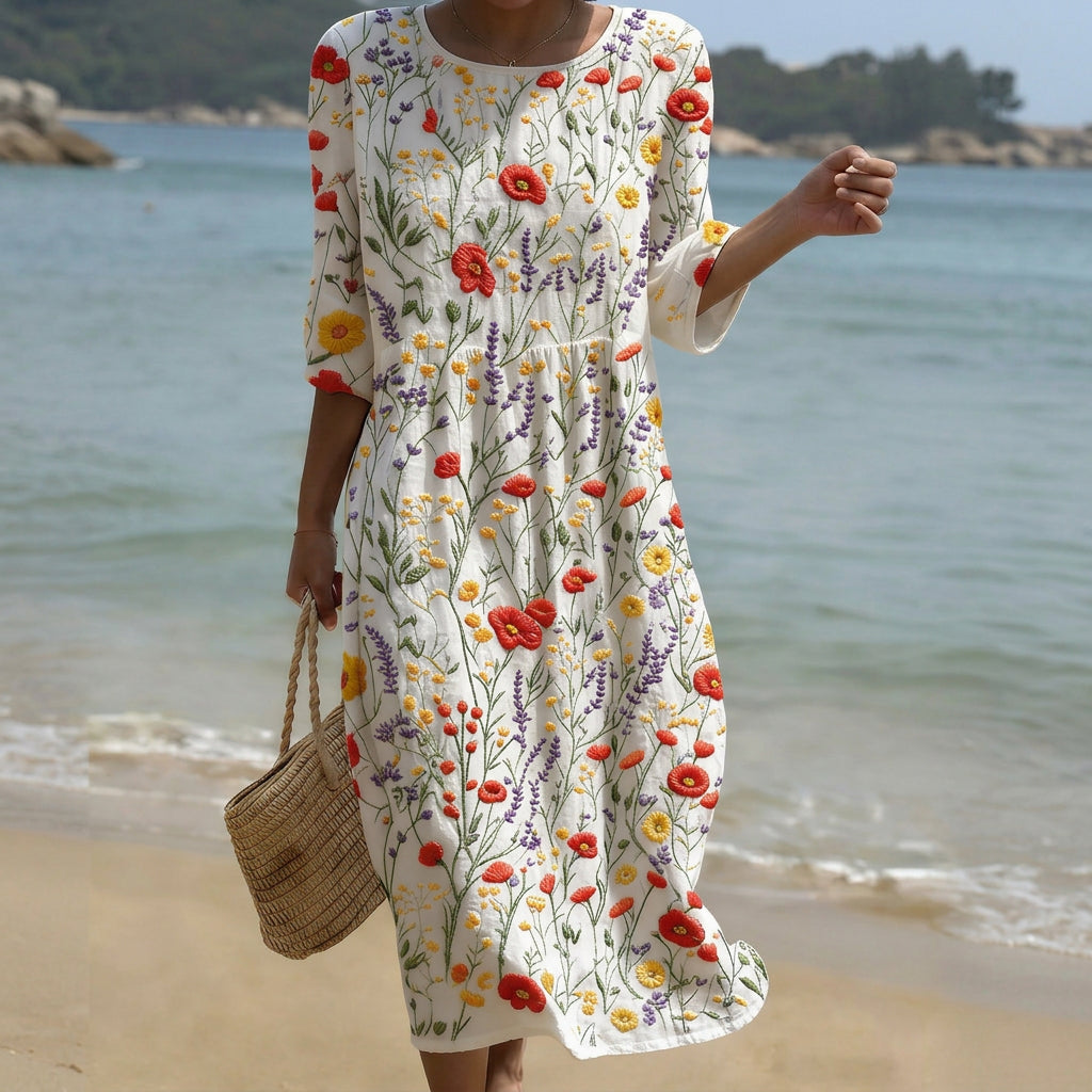 Vestido Maxi de Gola Redonda com Estampa Floral
