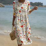 Vestido Maxi de Gola Redonda com Estampa Floral