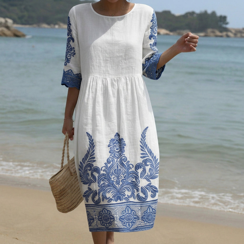 Vestido Maxi de Gola Redonda com Estampa