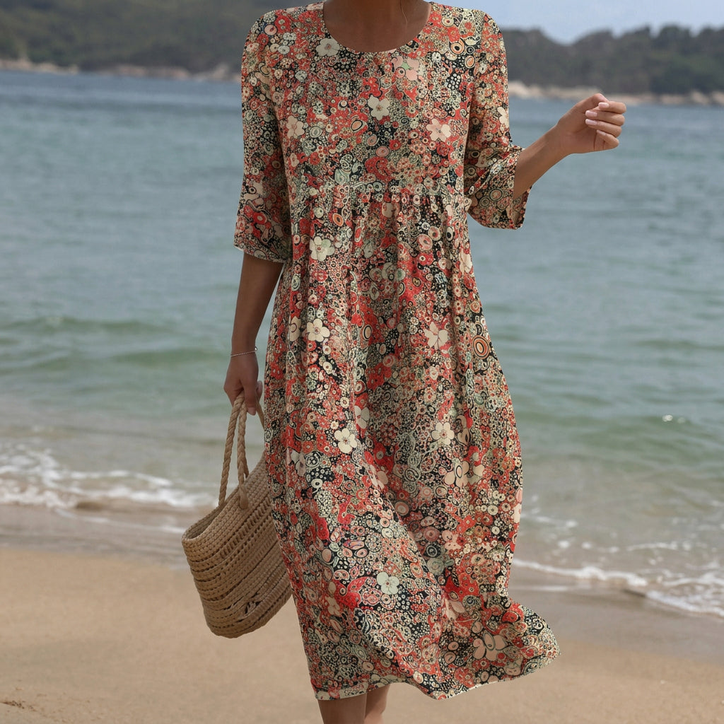Vestido Maxi de Gola Redonda com Estampa