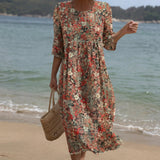 Vestido Maxi de Gola Redonda com Estampa