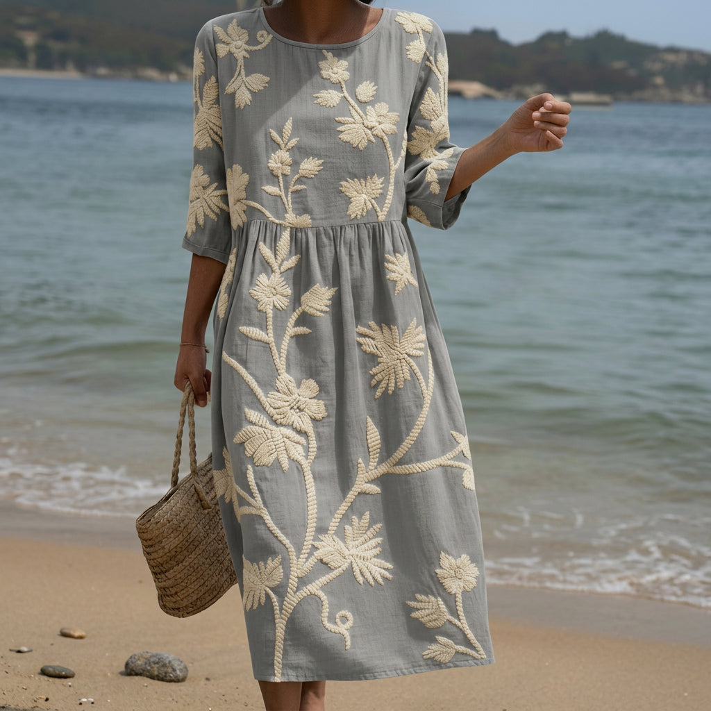 Vestido Midi com Estampa de Plantas e Flores