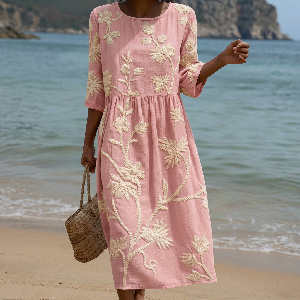 Vestido Midi com Estampado de Plantas e Flores