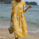 Vestido Midi com Estampado de Plantas e Flores