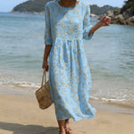 Vestido Midi de Gola Redonda com Estampa