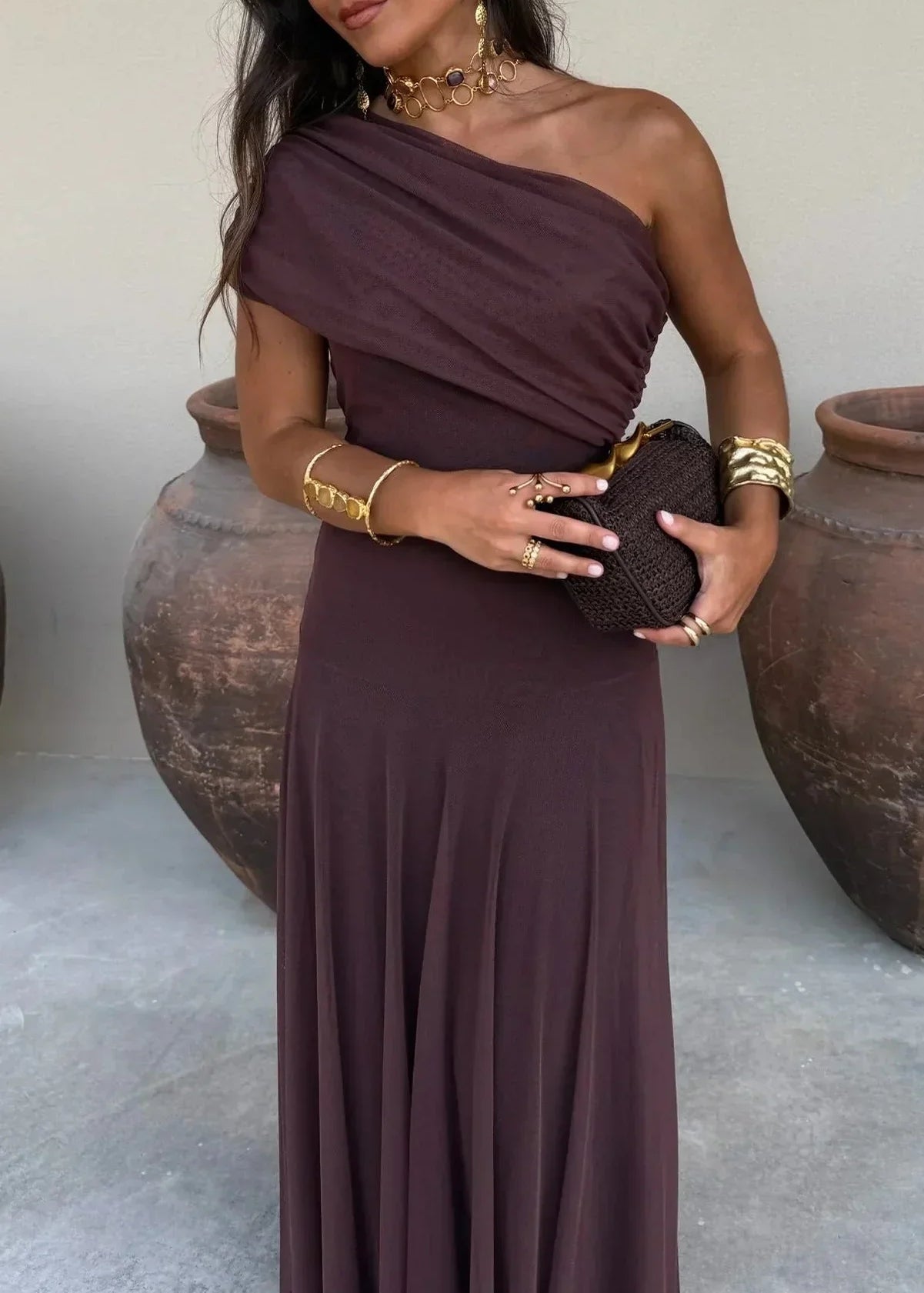 Selene - Vestido Longo Plissado Ombro Único
