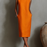 Vestido de Linho com Decote Redondo Sem Mangas e Bolsos Laterais
