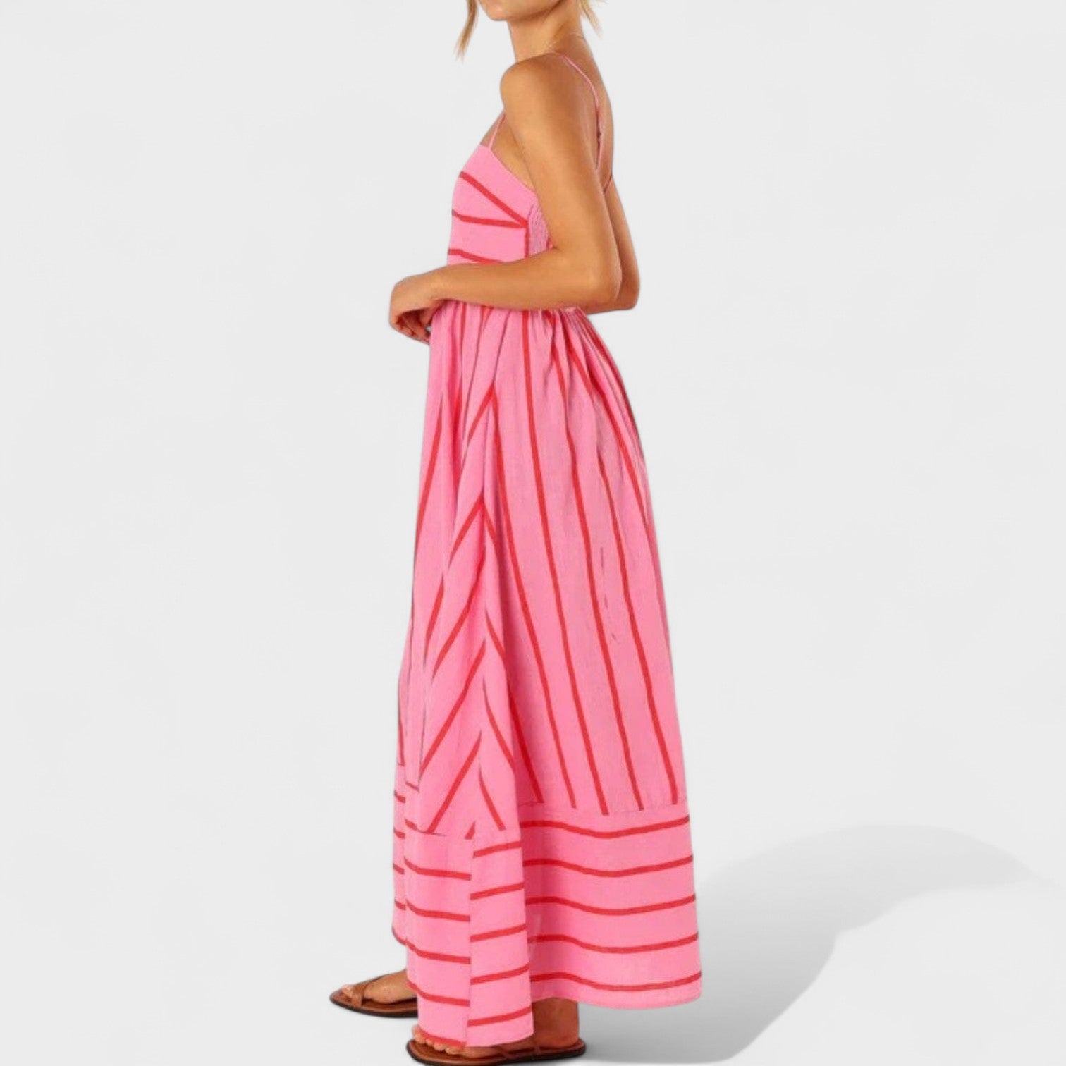 Vestido comprido às riscas feminino
