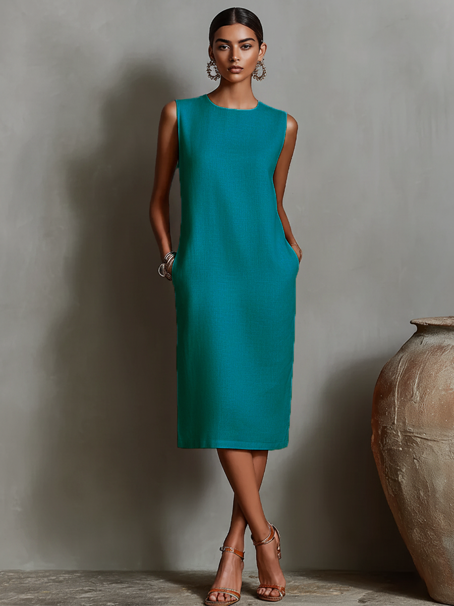 Vestido de Linho com Decote Redondo Sem Mangas e Bolsos Laterais