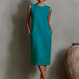 Vestido de Linho com Decote Redondo Sem Mangas e Bolsos Laterais